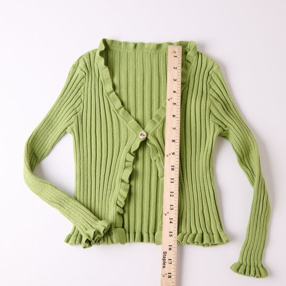 Y2K Women Ribbed Cardigan Sweater Green Knit Ruffle Cottage Coquette Soft Retro - Picture 4 of 7